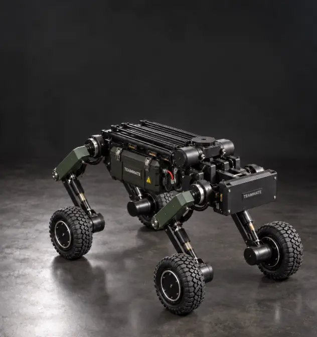 Teammate common wheel-legged quadruped chassis in a dark studio